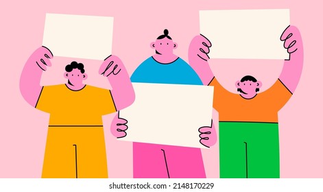 Group of diverse people standing and holding blank empty white Banners. Advertising, protest, demonstration, revolution, meeting concept. Cartoon abstract characters. Hand drawn Vector illustration