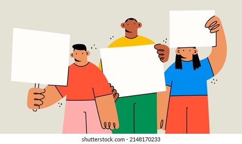 Group of diverse people standing and holding blank empty white Banners. Advertising, protest, demonstration, revolution, meeting concept. Cartoon characters. Hand drawn Vector illustration