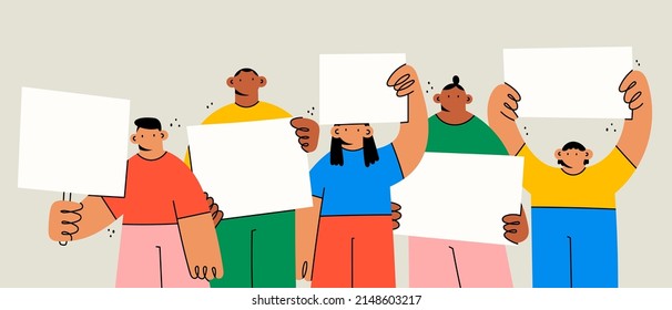 Grupo de personas diversas paradas y sosteniendo carteles blancos vacíos. Publicidad, protesta, manifestación, revolución, concepto de reunión. Personajes de caricatura. Ilustración del vector dibujado a mano