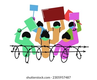 Group of diverse people standing and holding blank empty Banners or Placards. Advertising, protest, demonstration, revolution, meeting concept. Cartoon style characters. Hand drawn Vector illustration
