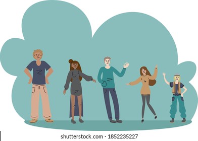 Group of diverse people standing next to each other. Multiethnic group standing together on abstract fluid background. Colors: turquoise, brown, black, teal, dark blue. Diversity concept. 