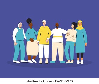 Group of diverse people standing together. Multiracial and multicultural  characters wearing in casual clothes. People of different ages and gender.