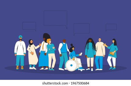 Group of diverse people standing together. Different characters wearing in casual clothes.