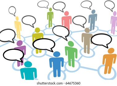 A group of diverse people talk in social media speech communication network connections