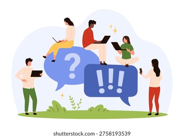 Group of diverse people using laptops and devices around large question and exclamation mark speech bubbles representing online communication and problem solving isolated vector illustration