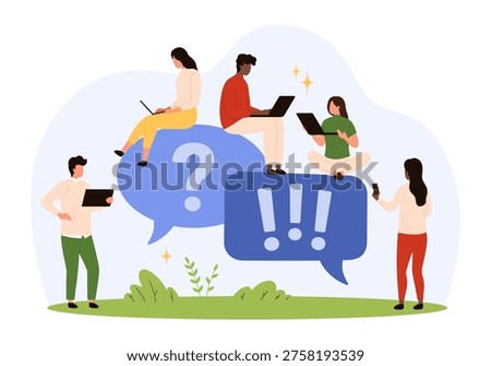 Group of diverse people using laptops and devices around large question and exclamation mark speech bubbles representing online communication and problem solving isolated vector illustration