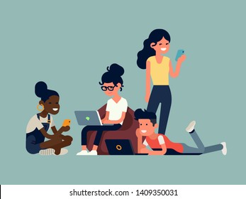 Group of diverse people using mobile devices. Flat vector illustration on using public wifi network access with young adult characters sitting and standing with laptops and mobile phones