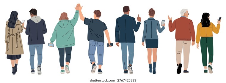Group of diverse people walking away, turned back, rear view, hands raised. Vibrant colors, casual outfits, cheerful gestures. Perfect for social media, team bonding, or urban lifestyle scenes