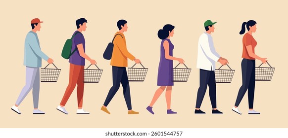 Group of diverse people walking with empty shopping baskets preparing to buy groceries