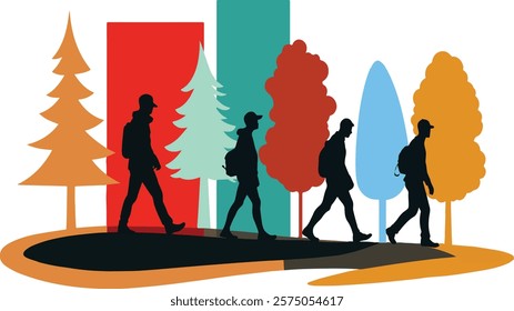 A group of diverse people is walking outdoors near trees in a forest setting. Multicultural Group Strolling Outdoors.