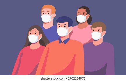 Group of diverse people wearing masks protection from disease or pollution, healthcare and hygiene concept, vector illustration flat design.