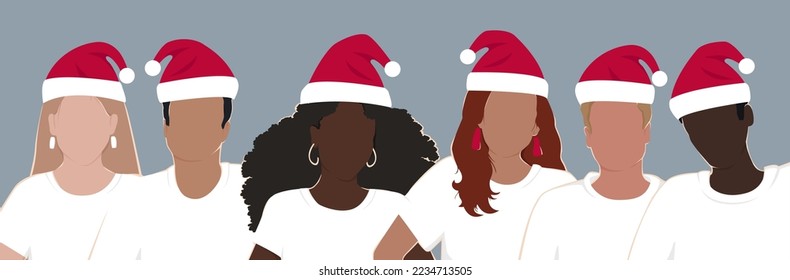 A group of diverse people wearing Santa hats. Modern Christmas flat illustration.