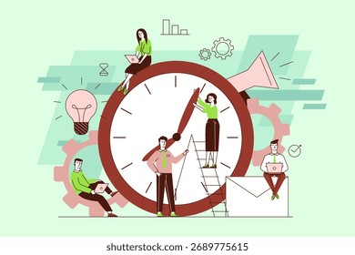 Group of diverse professionals working collaboratively around large clock. Concept of productivity and innovation in modern office environment