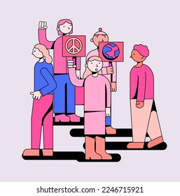 A group of diverse pro-peace supporters in a simple flat vector style and pink color palette. 