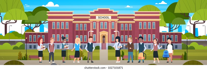 Group Of Diverse Pupils In Front Of School Building Studerns On Yard With Green Grass And Trees Flat Vector Illustration