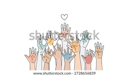 Group of diverse raised hands in various skin tones features a small heart above to symbolize love, support, and community unity.