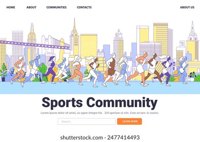 Group of diverse runners in urban cityscape colorful buildings background fitness jogging community