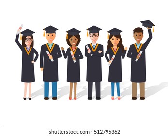 Group of diverse school, college and university graduation students and scholars. Flat design people characters.