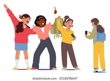 Group Of Diverse Schoolchildren Celebrating Break Time With Joy And Excitement In Classroom. Happy Characters Engaging In Fun Activities And Friendship, Making Pictures on Phone. Vector Illustration