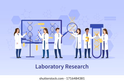 Group of diverse scientists doing lab research on genetics and chemistry with text below, colored vector illustration