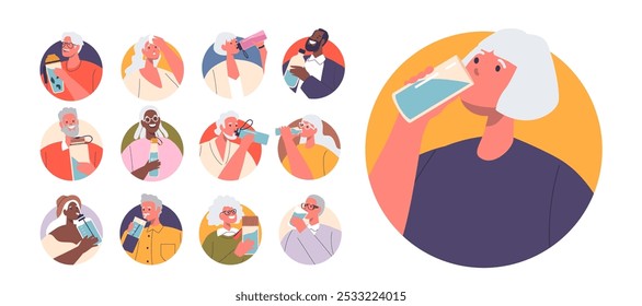 Group Of Diverse Senior People Enjoying Refreshing Drinks While Expressing Joy And Happiness. Cartoon Circular Icons