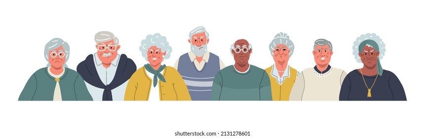 Group of diverse seniors with angry, disappointing,skeptic faces isolated on white background.negative emotion concept.Vector illustration in cartoon flat style.