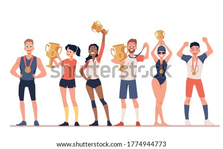 Group of diverse sportive people men and women cartoon characters holding award cups, flat vector illustration isolated on white background. Sport competition winners.