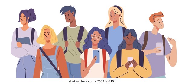 Group of diverse students back to school teenagers holding backpacks smartphones casual outfits standing together white background modern flat style