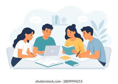 Group of diverse students or colleagues studying together and using a laptop in a modern office or classroom setting