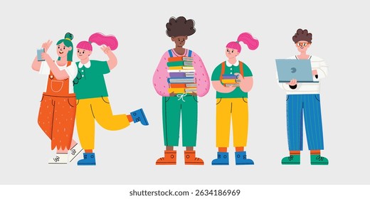 Group of diverse students. Friends or coworkers pupils students are standing, hugging, posing together. Cartoon characters. Hand drawn colorful vector illustration