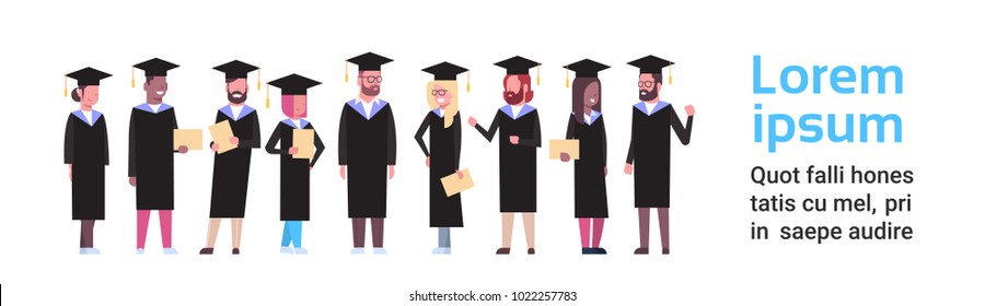 Group Of Diverse Students In Graduation Cap And Gown Hold Diploma Full Length Over White Background Horizontal Banner Flat Vector Illustration