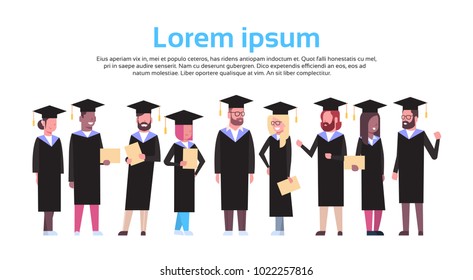 Group Of Diverse Students In Graduation Cap And Gown Hold Diploma Isolated Over White Background With Copy Space Flat Vector Illustration
