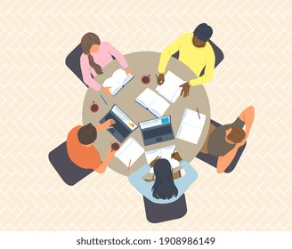 Group of diverse students are sitting at the table and studying. Top view. Flat cartoon vector illustration