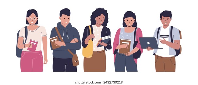 Group diverse students or university classmates. Vector flat illustration