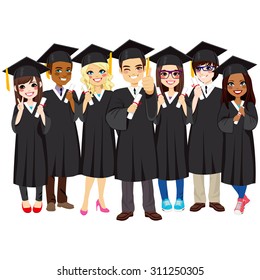 Group of diverse and successful graduating students together with black gown on white background