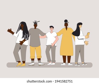 Group of diverse teenagers standing together. Young female and male friends wearing in casual clothes. Boys and girls hugging each other. Vector color line illustration. 