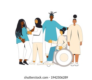 Group of diverse teenagers standing together. Young female and male friends wearing in casual clothes. Boys and girls hugging each other. Vector color line illustration. 