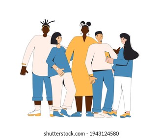 Group of diverse teenagers standing together isolated on white background. Young female and male friends wearing in casual clothes. Boys and girls hugging each other. Vector color line illustration. 