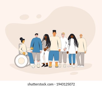 Group of diverse teenagers standing together. Young female and male friends wearing in casual clothes. Boys and girls hugging each other. Vector color line illustration. 