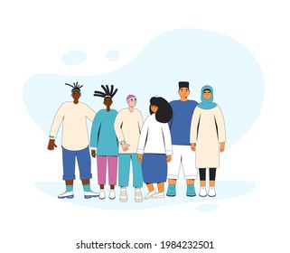 Group of diverse teenagers standing together. Young female and male friends wearing in casual clothes. Boys and girls hugging each other. Vector color line illustration. 