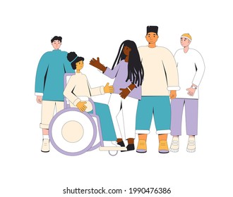 Group of diverse teenagers standing together. Young female and male friends wearing in casual clothes. Boys and girls hugging each other. Vector color line illustration. 