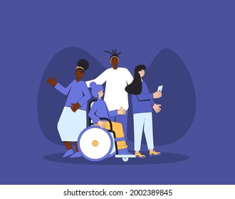 Group of diverse teenagers standing together. Young female and male friends wearing in casual clothes. Boy and girls hugging each other. Vector color line illustration. 