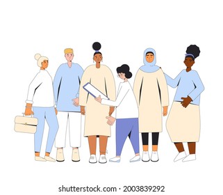 Group of diverse teenagers standing together. Young female and male friends wearing in casual clothes. Boys and girls hugging each other. Vector color line illustration. 