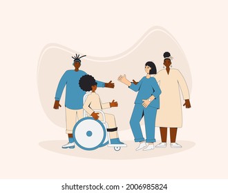 Group of diverse teenagers standing together. Young female and male friends wearing in casual clothes. Boy and girls hugging each other. Vector color line illustration. 