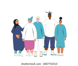 Group of diverse teenagers standing together. Young female and male friends wearing in casual clothes. Boys and girls hugging each other. Vector color line illustration. 
