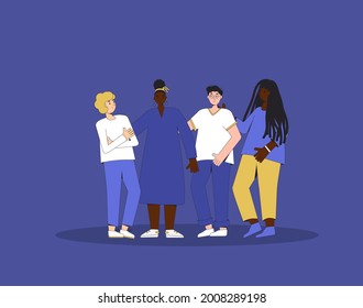Group of diverse teenagers standing together. Young female and male friends wearing in casual clothes. Boys and girls hugging each other. Vector color line illustration. 
