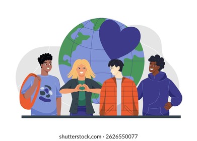 Group of diverse teenagers standing together in front of a globe with a heart, expressing unity and friendship, on a white background. Concept of global love. Vector illustration