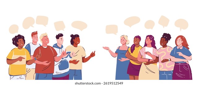 Group of diverse teenagers standing in two teams, talking and discussing with speech bubbles above. Bright cartoon doodle style for school, teamwork, or communication projects. Vector illustration.