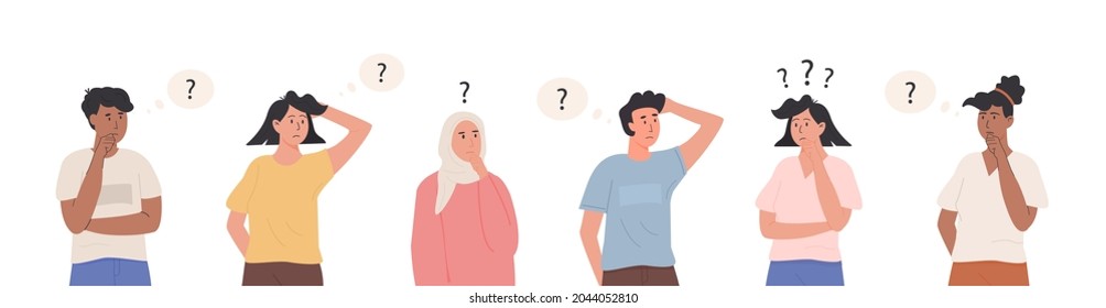 Group Of Diverse Thinking Characters. Collection Of Portraits Of Thoughtful People With Question Mark. Set Of Male And Female Person Solving Problem, Making Decision. Flat Style Vector Illustration.