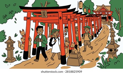 A group of diverse tourists, including children and adults, walk along a path through a vibrant Japanese shrine with many red torii gates and fox statues.